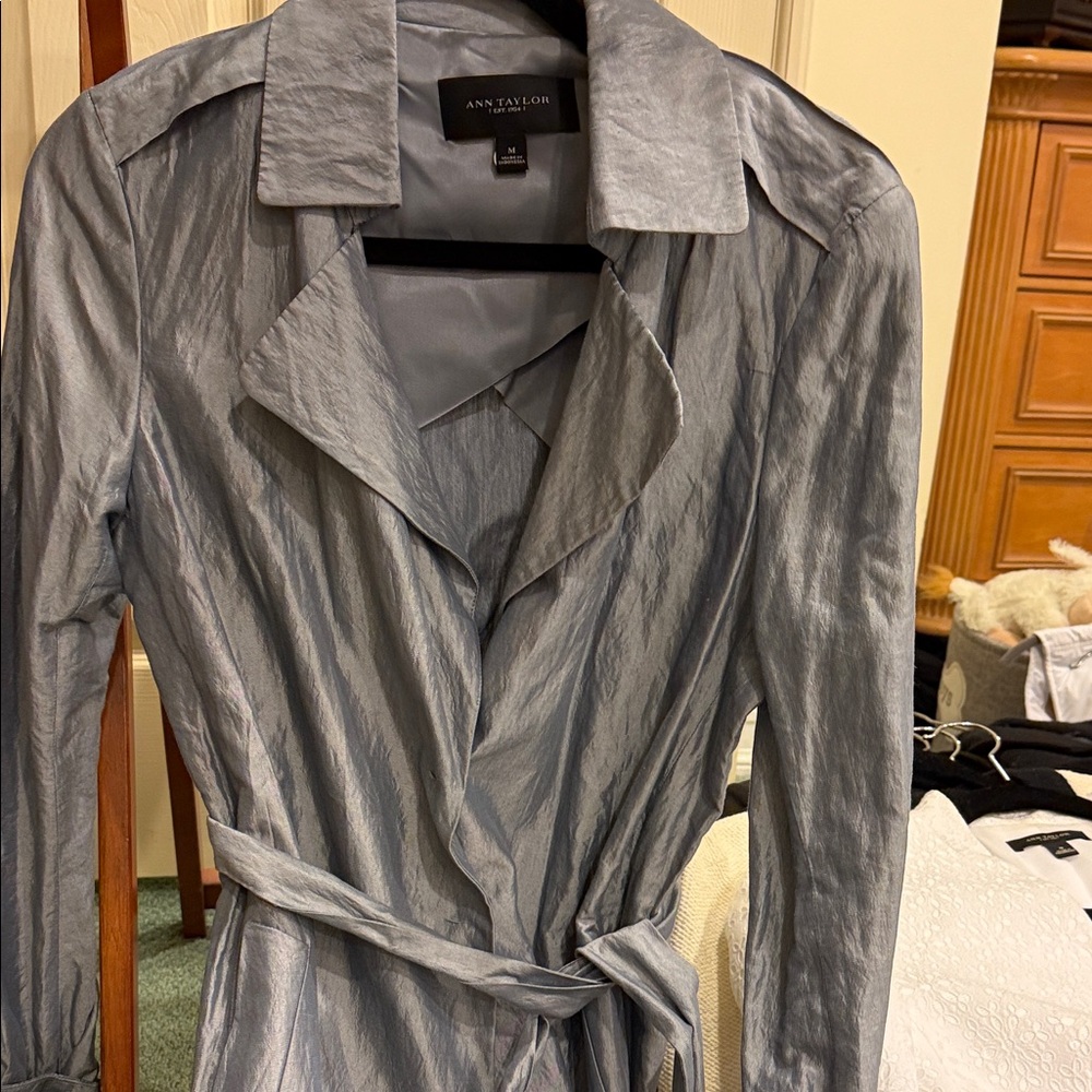 Ann Taylor Muted Light Blue Trench Coat. For chic layering or outdoor use